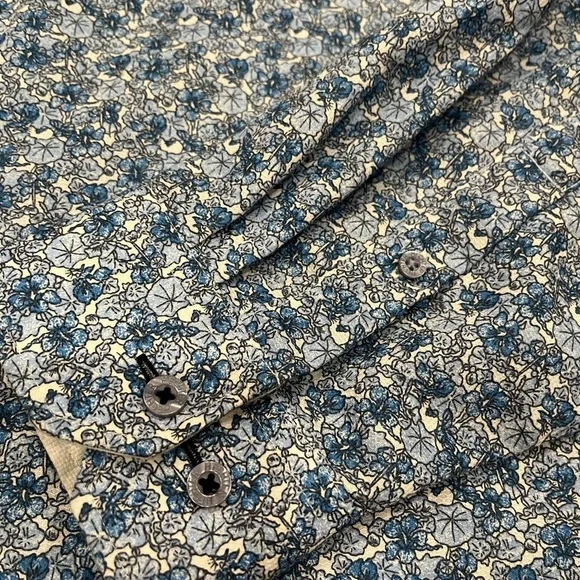 [17-17.5]Daniel Hechter Men Blue Floral Patterned Cotton Non Iron Dress Shirt - Picture 2 of 10